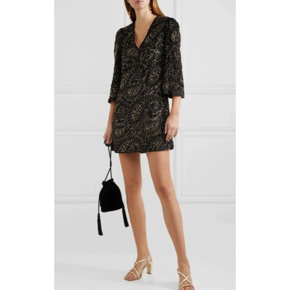 Alice + Olivia Riska Black Gold Beaded‎ Velvet Paisley V-Neck Mini Dress Size 6